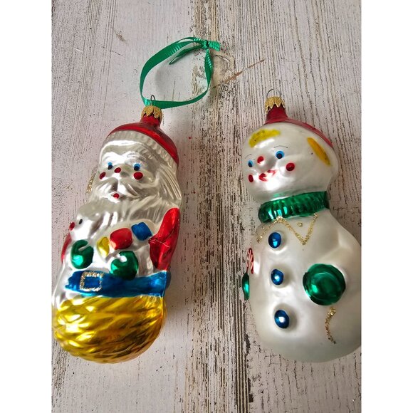 Vintage Columbia snowman Santa glass ornament presents Xmas tree set - Picture 1 of 13